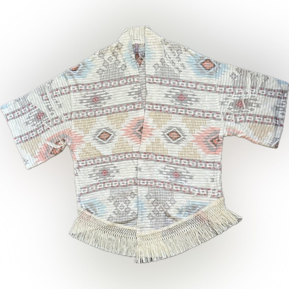 Anthropologie Mauve Aztec Print Fringe Kimono Cardigan Size Large